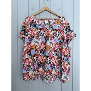 C&C California Tunic Top 2X Linen Tropical Colorful Fruit Print Short Sleeves